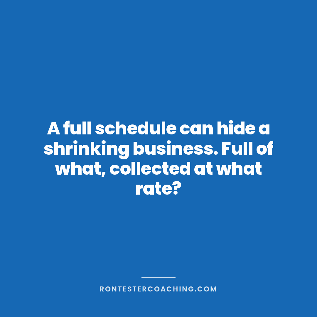 rontester's tweet photo. A full schedule can hide a shrinking business.

One clinic hit a record month. Most visits ever, lowest cancellations. Revenue barely moved. A therapist had been billing four units where the case justified five.

Full is not the question. Full of what, collected at what rate? https://t.co/7nUw6fMvDz