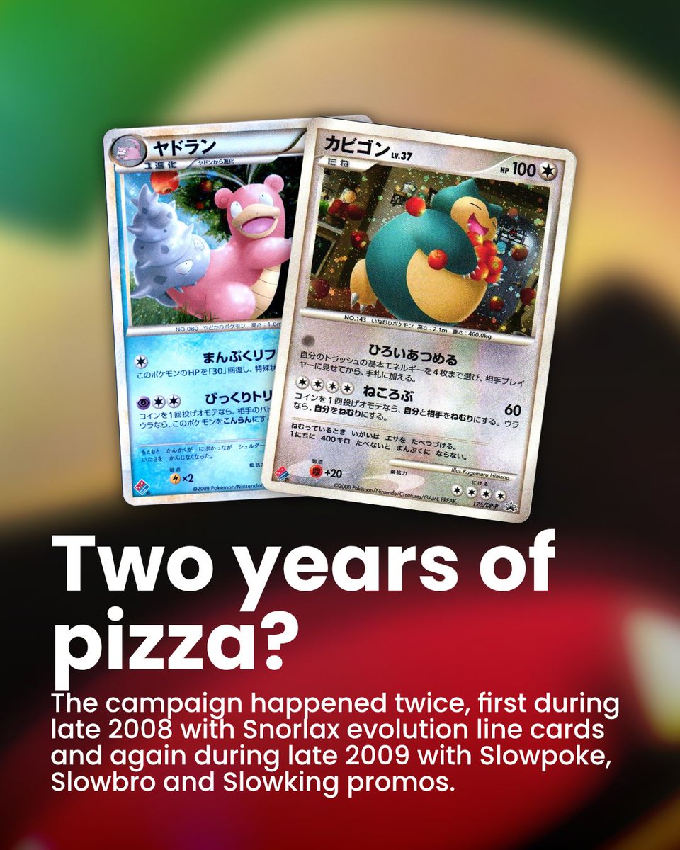 DexTCG's tweet photo. 🍕 During 2008 and 2009, Domino’s Pizza and Pokémon collaborated in Japan to give promotional cards with pizza purchases.

✨ The campaigns featured connected illustrations around apples starring Snorlax and Slowking evolution lines, creating one of Pokémon TCG’s cutest collaborations.