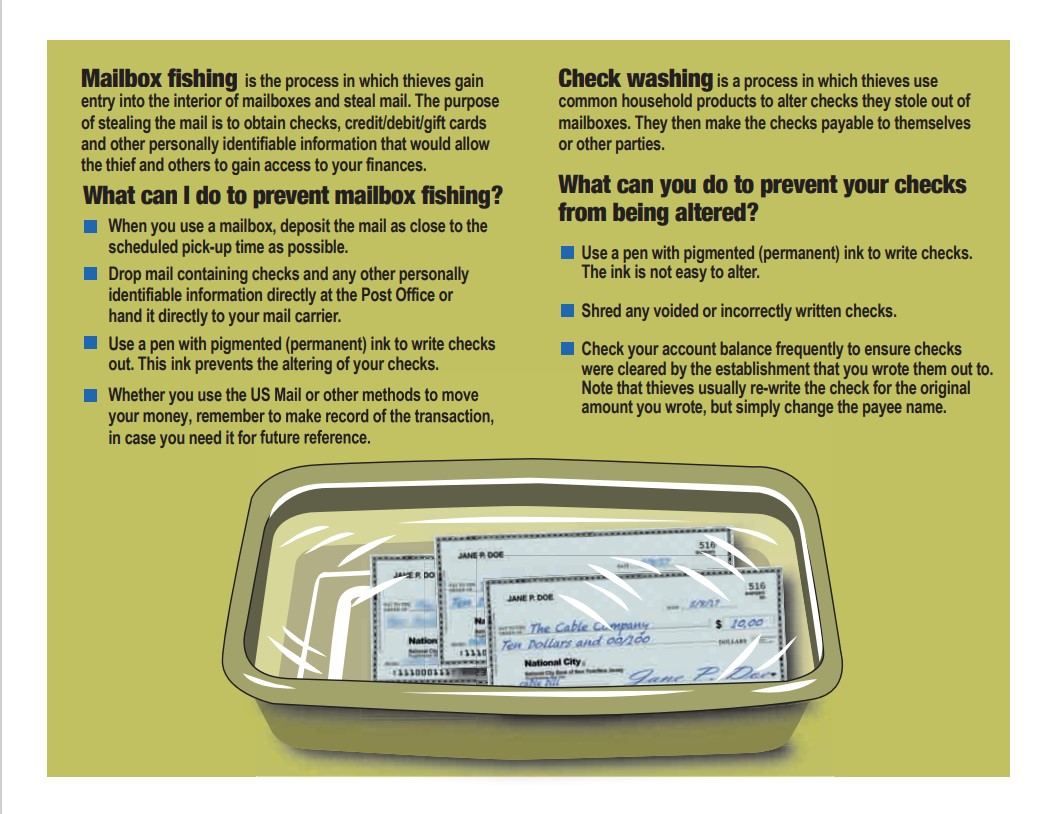 NYPD1Pct's tweet photo. Protect your identity and your hard-earned money from mail thieves. 🛑✍️

Thieves use "mail fishing" to steal checks straight from mailboxes, then use common household products to alter them via "check washing."

Don't let them compromise your finances. https://t.co/NCXmLvSctg