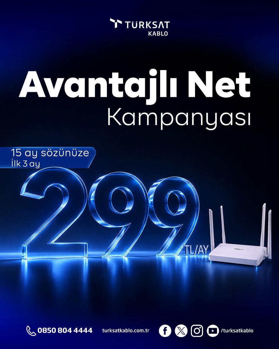 turksat's tweet photo. İyi bağlantının çok avantajlı hali.🚀

⏳ Haziran bitmeden fırsatı yakala!

Avantajlı Net Kampanyası ile 15 ay sözünüze sınırsız Kablonet ilk üç ay, ayda sadece 299 TL.

📌30 Haziran’a kadar geçerli olacak bu kampanyayla, avantajlı fiyat, sınırsız keyif fırsatını yakala.

Hemen ara 👉🏻 0850 804 44 44

#TürksatHerYerde 
#TürksatKablo