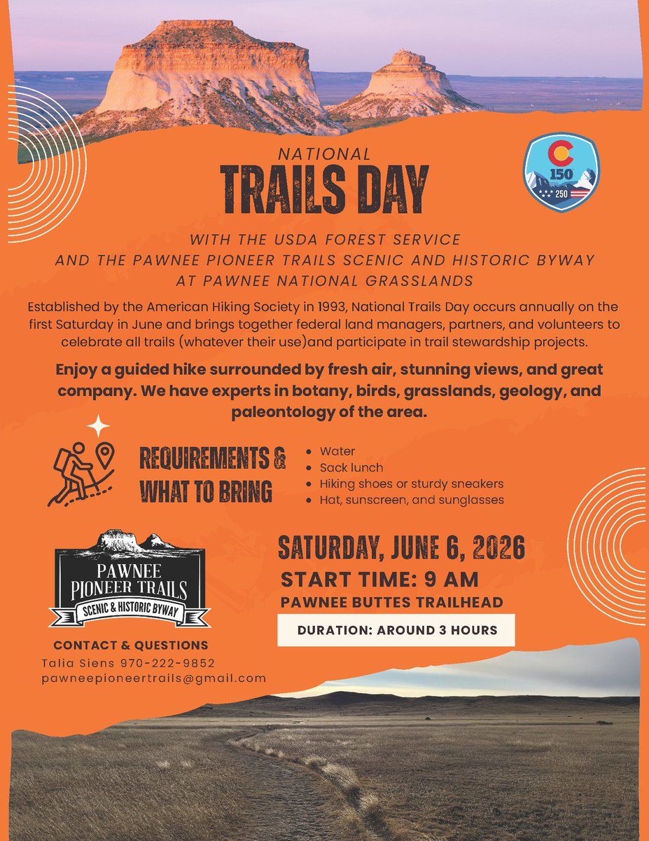 usfsarp's tweet photo. Join Forest Service staff and partners in celebrating National Trails Day with a guided hike at Pawnee Buttes starting at 9 a.m. on June 6.  Staff will share information about local plants and animals throughout the hike. Bring walking shoes, water, sun protection and a lunch. https://t.co/kIddRhjFZj