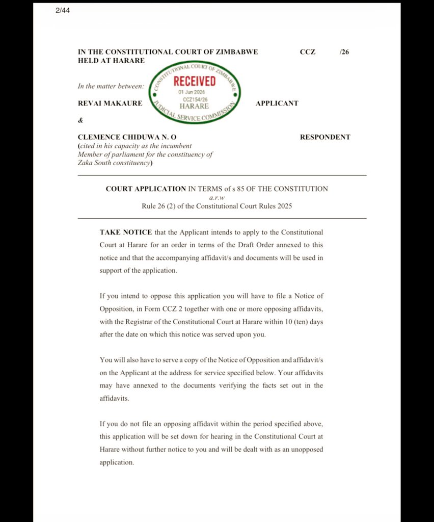 mawarirej's tweet photo. Sixty seven ((67) Members of the Zimbabwe 10th Parliament have been taken to the constitutional court by their constituents for participating in processes to amend the constitution and extend their stay in office beyond the constitutional term limit ending in 2028.
The extension of the current parliamentarians term of office is in violation of section 328 (7) of the Zimbabwean constitution. 

The applicants argue that they were not consulted when the decision to extend the MPs' term was done and that the bill which seeks to extend the terms is not being taken to the people  for a referendum.

The parliamentary consultations did not occur in each one of the 210 constituencies in the country. Instead, there were 64 meetings throughout the whole country, one meeting in each of the 64 administrative districts in the country. Some districts have more than 5 constituencies. 

While the court applications do not bar the MPs from participating in the ongoing reading of the bill in parliament and subsequent voting for the bill to become law, principles of good governance, constitutionalism and rule of law require that the cited 67 MPs should recuse themselves from any processes to do with the bill until the constitutional court makes its ruling on the applications. @Sophie_Mokoena
@SABCNews @peterndoro @eNCA @Newzroom405