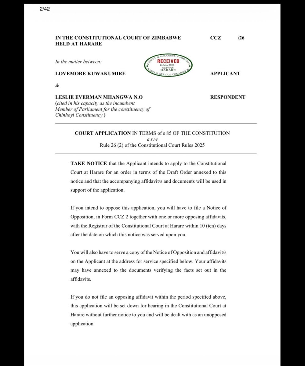 mawarirej's tweet photo. Sixty seven ((67) Members of the Zimbabwe 10th Parliament have been taken to the constitutional court by their constituents for participating in processes to amend the constitution and extend their stay in office beyond the constitutional term limit ending in 2028.
The extension of the current parliamentarians term of office is in violation of section 328 (7) of the Zimbabwean constitution. 

The applicants argue that they were not consulted when the decision to extend the MPs' term was done and that the bill which seeks to extend the terms is not being taken to the people  for a referendum.

The parliamentary consultations did not occur in each one of the 210 constituencies in the country. Instead, there were 64 meetings throughout the whole country, one meeting in each of the 64 administrative districts in the country. Some districts have more than 5 constituencies. 

While the court applications do not bar the MPs from participating in the ongoing reading of the bill in parliament and subsequent voting for the bill to become law, principles of good governance, constitutionalism and rule of law require that the cited 67 MPs should recuse themselves from any processes to do with the bill until the constitutional court makes its ruling on the applications. @Sophie_Mokoena
@SABCNews @peterndoro @eNCA @Newzroom405