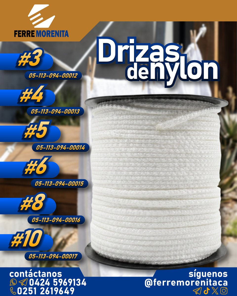 ferremorenitaca's tweet photo. ¿Necesitas un amarre firme y seguro? 🪢💪 Asegura tus cargas, proyectos de construcción o tareas del hogar con nuestras Drizas de Nylon. ¡Ultra resistentes a la tensión y la intemperie!

Disponibles desde la #3 hasta la #10. 🧵

¡Pide la tuya aquí!

#Ferretería #Cuerdas #Nylon https://t.co/NwJRyVjE6l