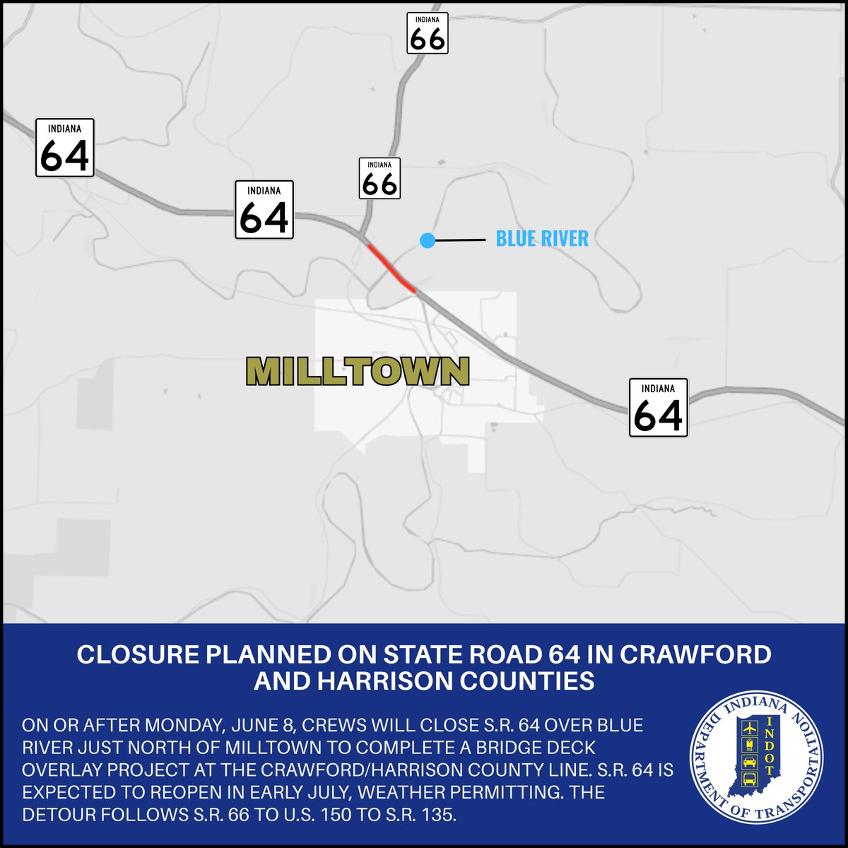 ISPJasper's tweet photo. Closure planned on State Road 64 in Crawford and Harrison counties https://t.co/6L4GI96QDT