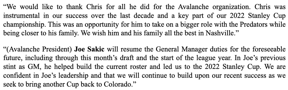 cmasisak22's tweet photo. Here is a statement from KSE vice chairman Josh Kroenke on former #Avs GM Chris MacFarland. 

Joe Sakic is the interim GM. https://t.co/AeBqEhYGO7