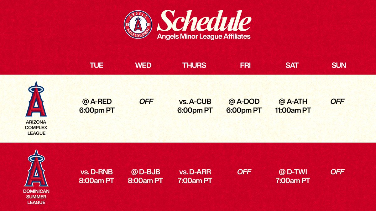 AngelsPlayerDev's tweet photo. Looking ahead to this week's slate of games for our Angels affiliates!

And good luck to the DSL Angels, who have begun Dominican Summer League play! ⚾️⬇️ https://t.co/7ZbSbWpMa5