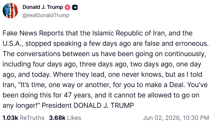 CryptooIndia's tweet photo. JUST IN: 🇺🇸🇮🇷 Trump says reports of US and Iran stopped discussion are false. https://t.co/Fzq6tPHa7r