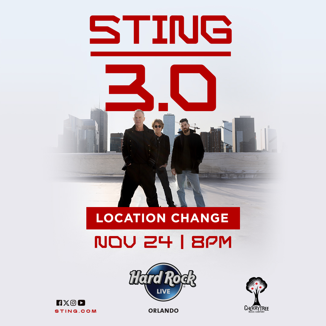 SHRTampa's tweet photo. 🚨Important Event Update: Sting at Seminole Hard Rock 🚨

Due to upcoming renovations at Seminole Hard Rock Hotel &amp; Casino Tampa, Sting's performance originally scheduled for Tuesday, November 24 at Hard Rock Event Center - Tampa will now take place at Hard Rock Live - Orlando. https://t.co/d55fnkVCkF