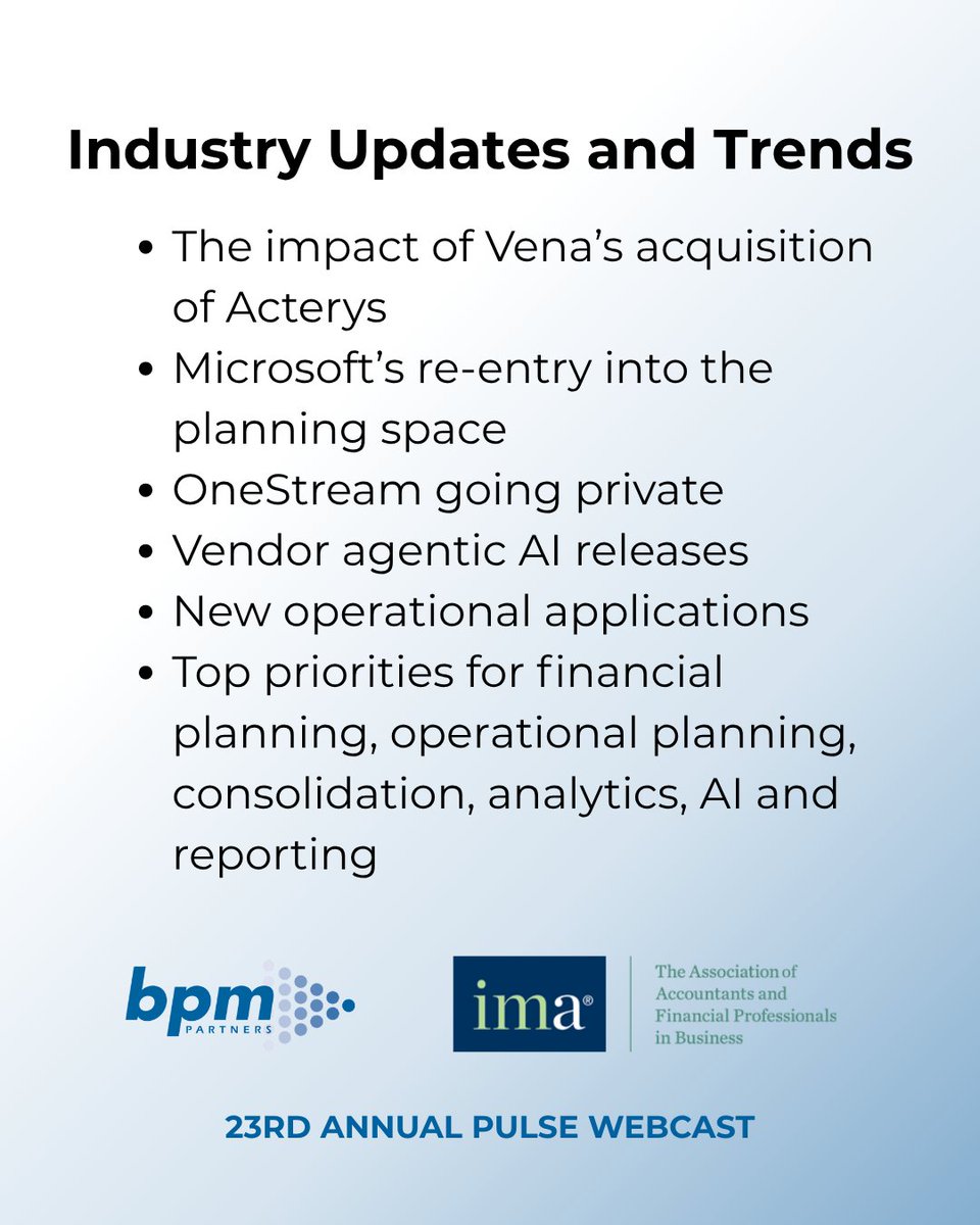 BPMTeam's tweet photo. What will we learn from the 2026 BPM Pulse Survey? Find out in our annual webinar.

 ✍Register today: https://t.co/Rx6UUWojCO
 📆 Wednesday, June 10, 2026
 🕰️ 1:00 pm EDT
 ⭐ CPE Credits: 1.0
 👉 Hosted by: IMA | Institute of Management Accountants

#AI #EPM https://t.co/6WQOVb4TMJ