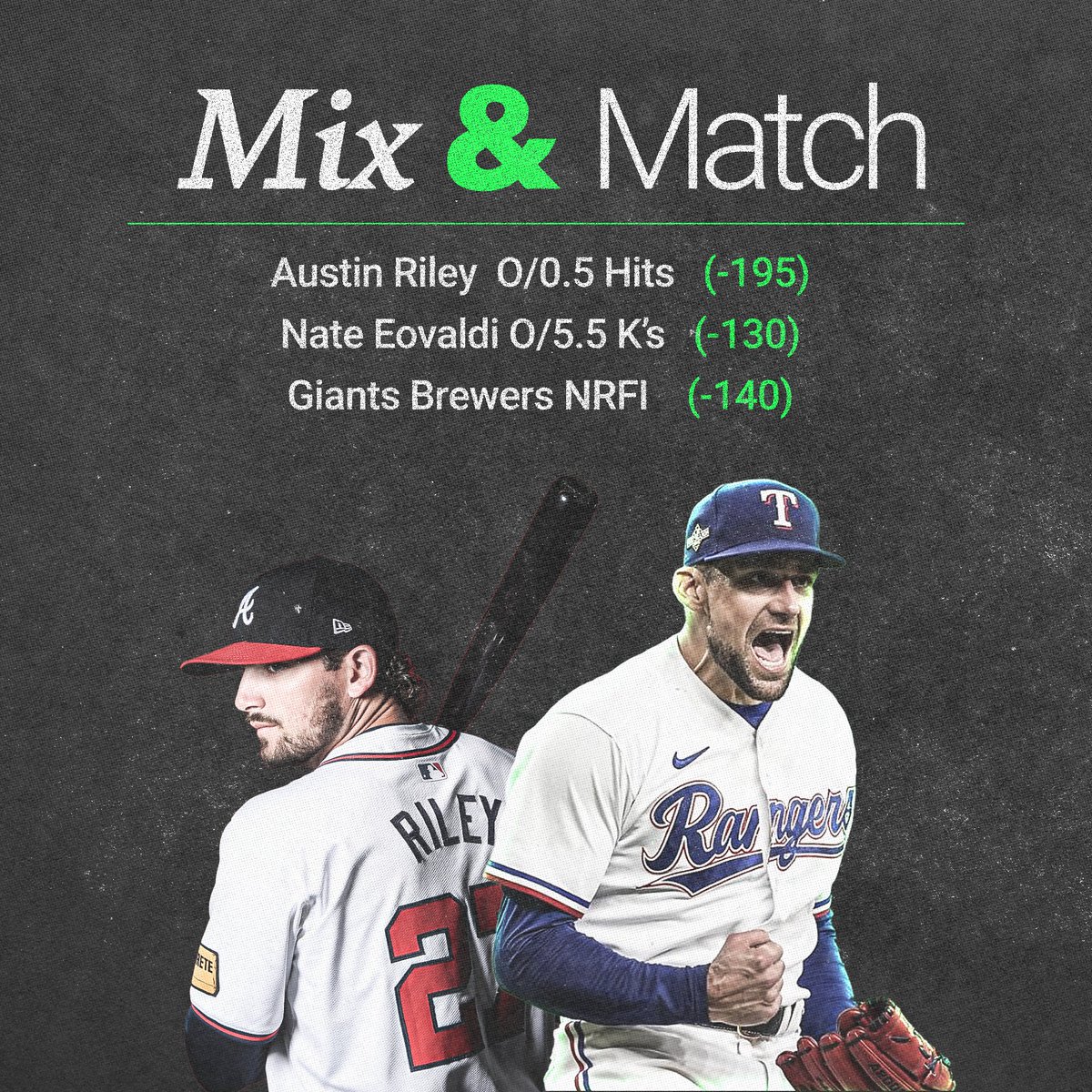 betterbetpro's tweet photo. Mix &amp; Match Plays 🔒

Austin Riley  O/0.5 Hits   (-195)

Nate Eovaldi O/5.5 K’s   (-130)

Giants Brewers NRFI    (-140)

Drop a 🔥 if you're tailing. https://t.co/MA3qAJBf4r