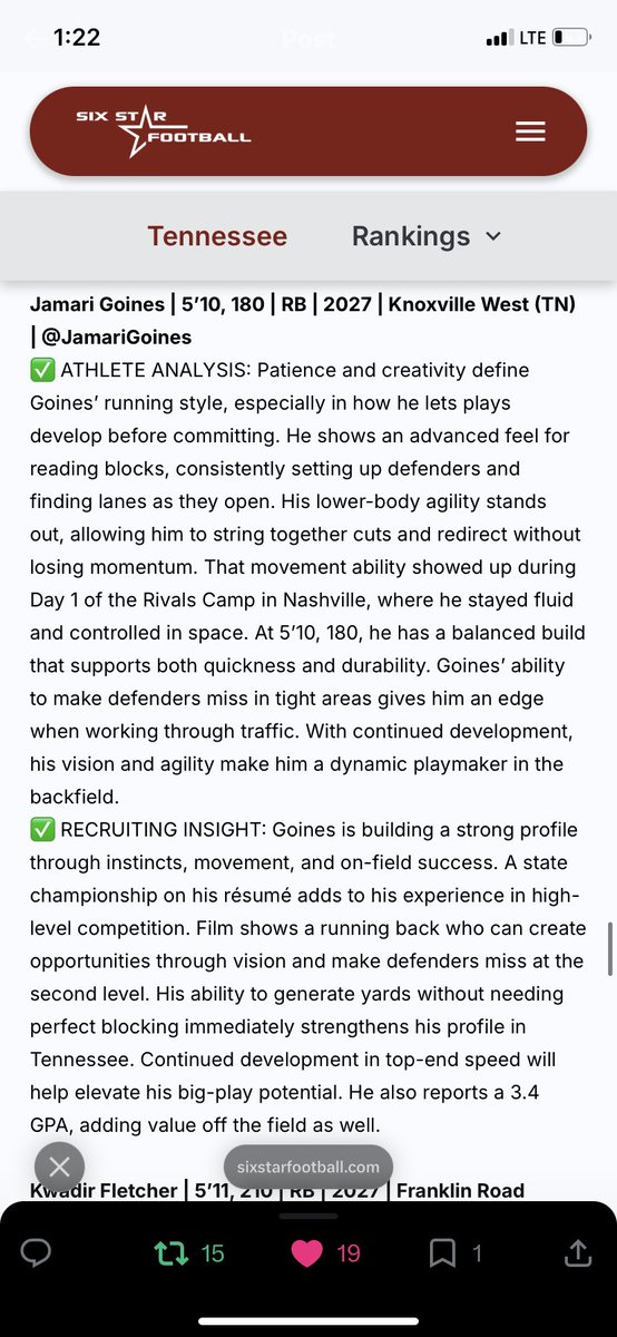 JamariGoines's tweet photo. Thanks @sixstarfootball for these write ups!! There’s more work to be done!! 

@WEST_FB_Recruit @thac62
@Dylanmurray2211 @BC0027
@CoachRobStacy4 @JamieHolbrook99
@CoachRoberts49 @TopPreps @HS_Next_Stop @FBRecruitAide
@FNStandouts @NP_Recruiting @MaxPreps @CoachMiller_12 https://t.co/NFxz66BPT2