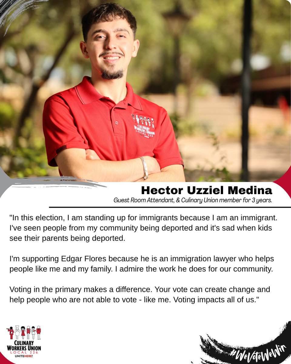 Culinary226's tweet photo. 🗣️ Meet Hector, a Guest room attendant and Culinary Union member for 3 years -
"I am standing up for immigrants because I am an immigrant. That's why I'm supporting @EdgarFloresNV because he is an immigration lawyer who helps people like me and our community." #WeVoteWeWin https://t.co/psMazagG8a