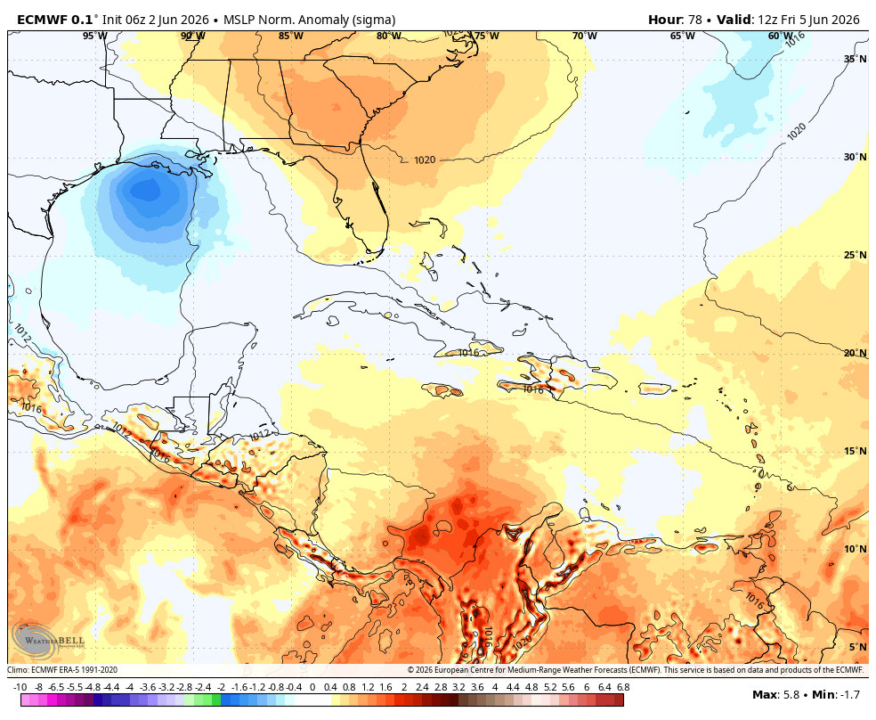 PC_WeatherBoy's tweet photo. The weather world is currently all a buzzz about this area of disturbed weather in the Gulf. 

Large broad area of low pressure currently dominating the entire Gulf right now. EURO and GFS aren't doing much with this area right now. However, if anything were to develop in the tropics, this would be the area in the month of June. 

Nothing right now to worry about as this is like going to be rain maker for Tx and or La as this area continues to meander Northward.