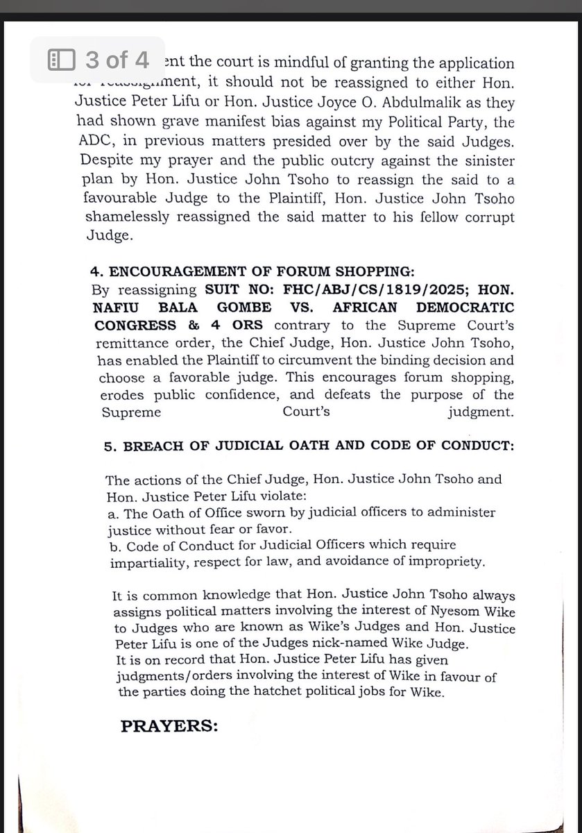 ADCVanguard_'s tweet photo. BREAKING: ADC Rejects Hon. Justice Peter Lifu in Nafiu Bala Gombe Matter

The African Democratic Congress, ADC, has formally raised concerns over the handling of Suit No: FHC/ABJ/CS/1819/2025, involving Hon. Nafiu Bala Gombe v. African Democratic Congress & 4 Others.

The party has filed a petition against Hon. Justice John Tsoho, Chief Judge of the Federal High Court of Nigeria, and Hon. Justice Peter Lifu, Judge of the Federal High Court of Nigeria, over allegations of abuse of judicial power, disobedience to court orders, and manifest bias in the ongoing matter.

The ADC maintains that the integrity of the judicial process must be protected and insists that all parties in the case deserve fairness, neutrality, and strict adherence to the rule of law.

The party further rejects the continued involvement of Hon. Justice Peter Lifu in the matter, citing serious concerns over perceived bias and the need to preserve public confidence in the administration of justice.