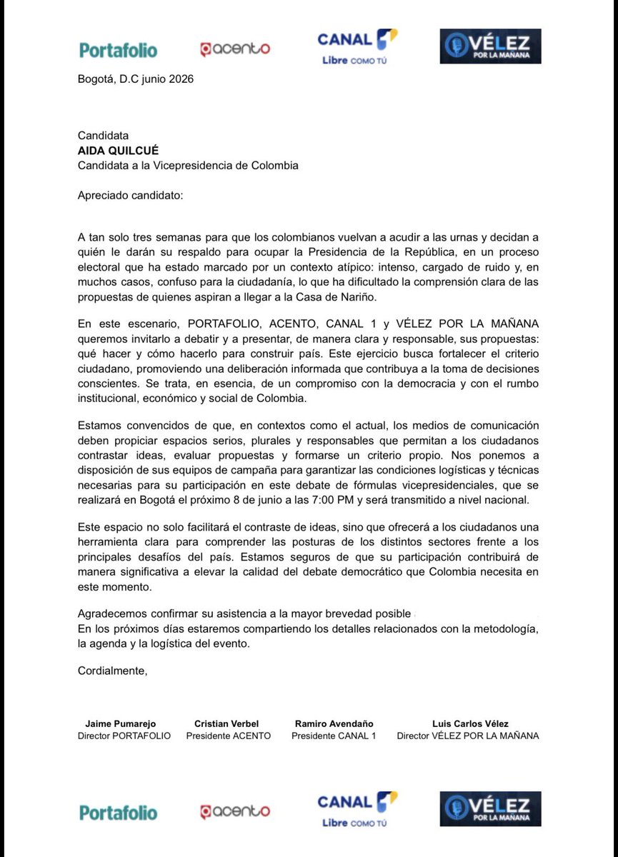 Canal1_Col's tweet photo. #EleccionesEnCanal1 | 🚨DEBATE PRESIDENCIAL: LA DECISIÓN FINAL🚨

Canal 1, en alianza con Acento (@acentocol_), Vélez por la Mañana (@lcvelez) y Portafolio (@Portafolioco), invita formalmente a las campañas de Abelardo de la Espriella (@ABDELAESPRIELLA) con José Manuel Restrepo (@jrestrp) e Iván Cepeda (@IvanCepedaCast) con Aída Quilcué (@aida_quilcue), para un debate presidencial y un debate vicepresidencial.

Esperamos su respuesta lo más pronto posible, en aras de la libertad de expresión, la democracia y una sociedad informada. 

Firman: @jaimepumarejo, @cristianverbel, @Ramiroaavendano y @lcvelez.