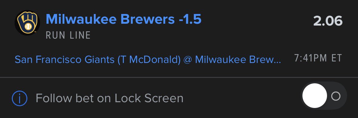 ParlayHawk's tweet photo. MLB MONEYLINE PICK OF THE DAY ⚾️

→ Milwaukee Brewers -1.5 Spread

Brewers are starting Harrison today. He’s throwing an impressive 1.58 ERA, and given up 3 earned runs over his last 28 innings pitched.

Giants are starting McDonald. He’s throwing a poor 4.45 ERA, and given up 14 earned runs over his last 28.3 innings pitched.

Harrison hasn’t given up a single run in his last 18 innings pitched. His control and confidence are at its peak. Expecting him to dominate today.

Backing the Brewers ✅