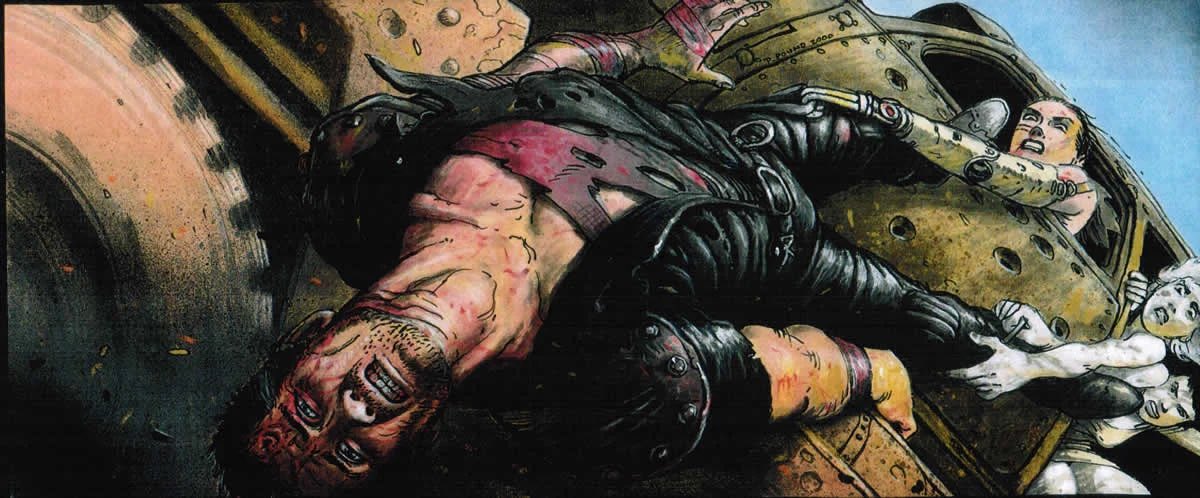 HeavyMetalInk's tweet photo. Several concept art pieces published years later are dated around 1999–2001, including early designs of Max, Furiosa (“Warrior Woman” in early versions), vehicles and wasteland characters. https://t.co/zWNrdlVxp6