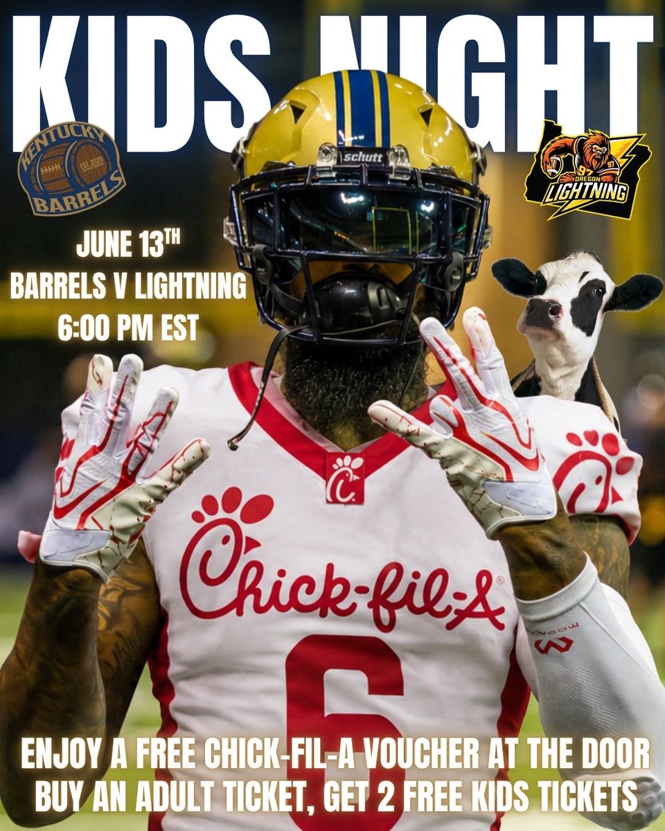 kentuckybarrels's tweet photo. KIDS NIGHT JUNE 13TH with Chick-fil-A Eastgate🏈🔥

🎟️Buy an adult ticket, get 2 FREE kids tickets
🐔 Chick-fil-A voucher at the door &amp; mascot!

6PM | Truist Arena

Tickets on sale now at the box office and on our website!

#Barreldown | #Barrelnation | @thetruistarena https://t.co/pNkWZMmYgH