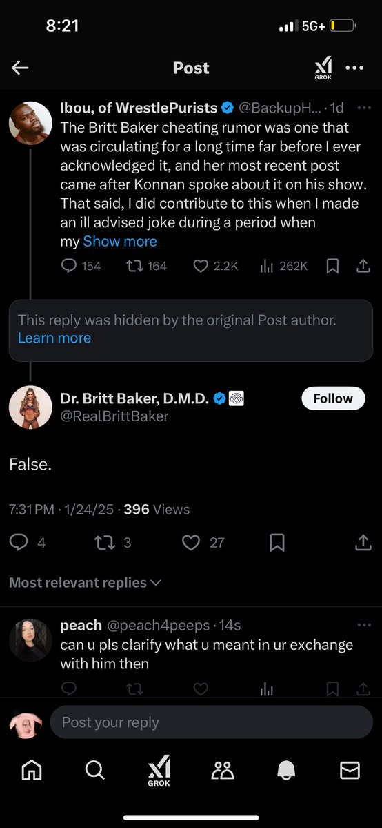 Spudlem's tweet photo. @LobCityGimmick @EliteClubS0B @MUgwueke88053 SelfMade got owned by Britt Baker for leaking completely inaccurate information.

THEN hid the reply pointing out Ibou’s stupidity. 

#NeverForget https://t.co/i38VqWxuxV