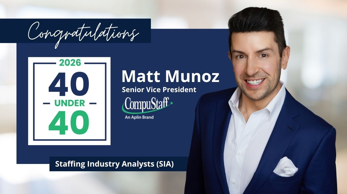 aplininc's tweet photo. We're proud to congratulate Matt Munoz, Senior Vice President at @_CompuStaff, an Aplin brand, on being named to @SIAnalysts' 2026 40 Under 40 list.

https://t.co/9HxIpOOQNY

#Aplin #CompuStaff #40Under40 #SIA #Leadership #StaffingIndustry #WorkforceSolutions https://t.co/N9sxGJ48ko