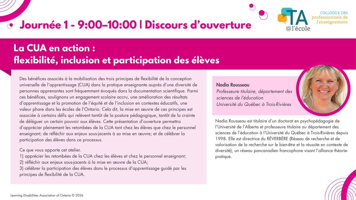 TAaLecole's tweet photo. 🍎Comment la CUA peut-elle réellement transformer l’apprentissage et l’engagement des élèves ? #Colloque2026 #ÉducationInclusive #TDAH #LDAO

Discours d’ouverture : 
Nadia Rousseau 
11 août | En ligne

Inscription ou expression d’intérêt 👉 https://t.co/8mLIWsvwiz https://t.co/Iik47dXbNX