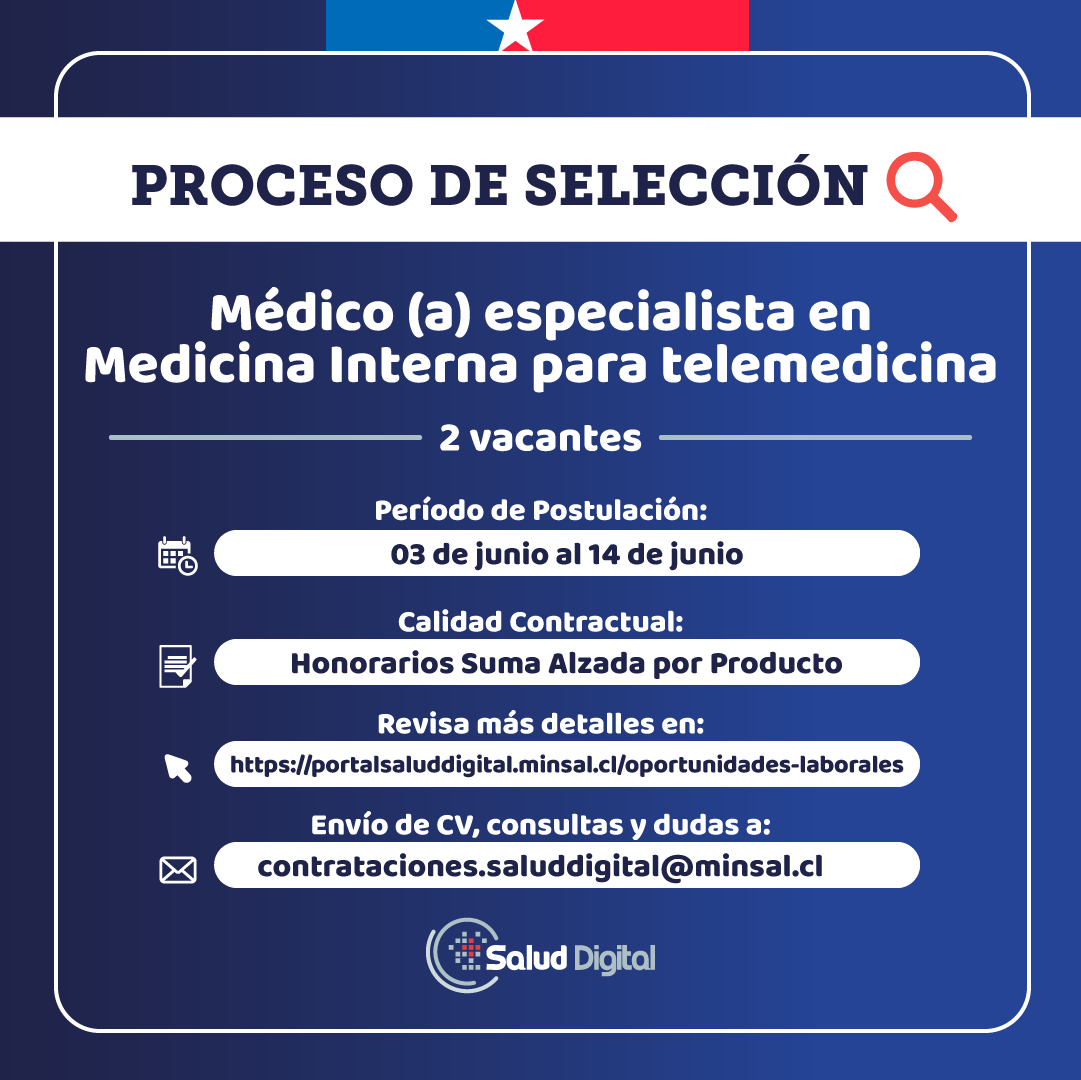 HospitalDigital's tweet photo. Las y los invitamos a postular al siguiente empleo en nuestro Departamento: Médico (a) especialista en Medicina Interna para telemedicina⭐️.

💻 Toda la información en: https://t.co/uIIEWizKCb https://t.co/riIF7qyxCS