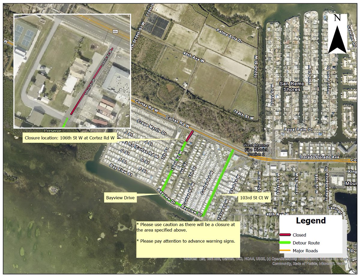 941_Traffic's tweet photo. ROAD CLOSURE: 106th St W, From Cortez Rd to Bayview Dr.  Jun 3rd - 8th. This closure is for sanitary sewer improvements in the area. Local traffic will be permitted at all times but no through traffic. #ManateeCounty #TrafficAlert https://t.co/mfS7N3kLCB https://t.co/72YG2C2nes