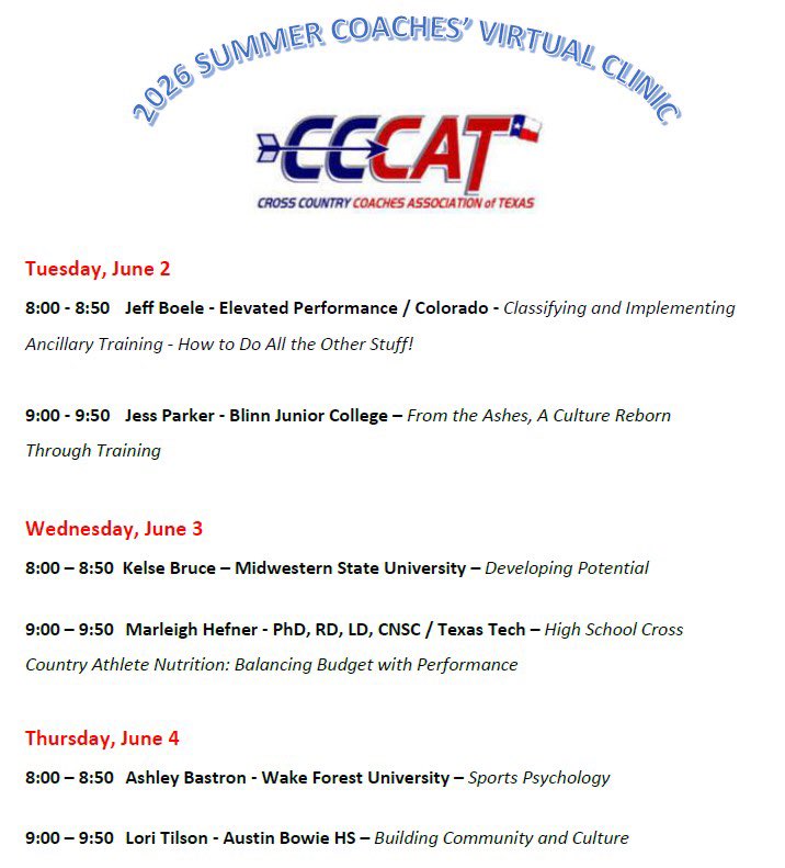 TexasXCCoaches's tweet photo. 🌴😎SUMMER CLINIC😎🌴

💻Virtual sessions kicked off today with Jeff Boele of @eprunningco and Jesse Parker of @BlinnAthletics 

✌️more sessions TOMORROW
Kelse Bruce @MSUtxXCTF 
Marleigh Hefner @ttu_nmhi 

🗣️In-Person Sessions June 5-6

👇REGISTER NOW
https://t.co/odUq3BFscM https://t.co/4l4WgeWN9l