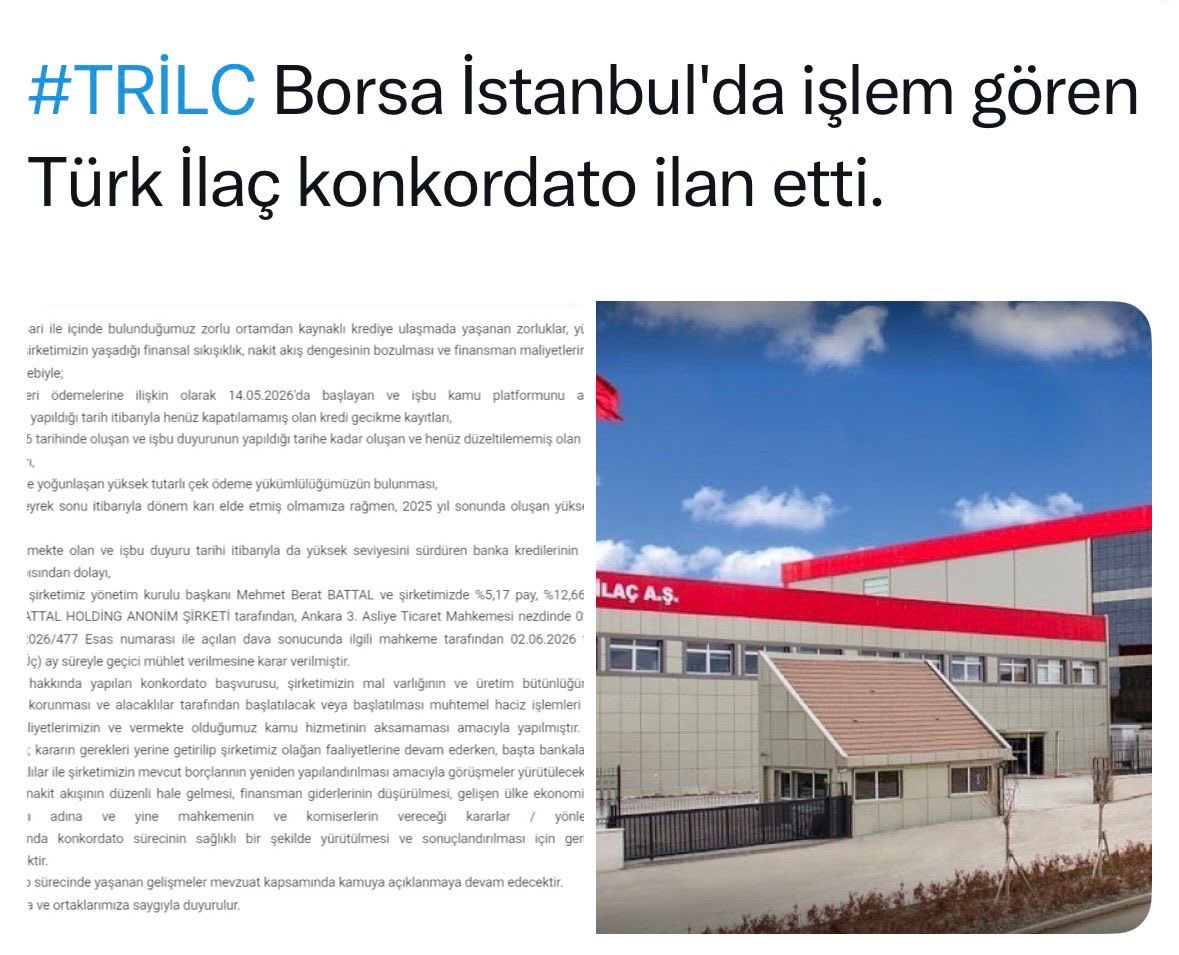 elitetakas's tweet photo. ⸻

🚨 #TRILC hakkında önemli bir hatırlatma!

Türk İlaç (#TRILC), bugün gelen haberle konkordato ilan etti.

Peki biz ne yaptık?

📌 Elite Takas Akademi Eğitim Grubu’nda #TRILC uzun süre takip edilen ve eğitim amaçlı analiz edilen hisselerimiz arasındaydı.

📌 Ancak hissedeki bölünme sonrası gerçekleşen yükseliş hareketinin ardından risk/getiri dengesinin bozulduğunu gördük ve 8 Mayıs 2026 tarihinde hisseyi eğitim grubumuzdan çıkardık.

📌 Bu süreçte eğitim grubumuzdaki birçok arkadaşımız hisseden kârlı şekilde ayrıldı.

Takas analizi sadece yükselen hisse bulmak değildir.

✔️ Ne zaman gireceğini bilmek kadar,
✔️ Ne zaman çıkacağını bilmek de önemlidir.

Bugün yaşanan gelişme, disiplinli takas takibinin ve doğru risk yönetiminin ne kadar değerli olduğunu bir kez daha göstermiş oldu.

İşte Elite Takas Akademi farkı. 📊🔥

#BIST #Borsaİstanbul #HisseSenedi #TakasAnalizi #Yatırım #TRILC #EliteTakasAkademi

⸻
