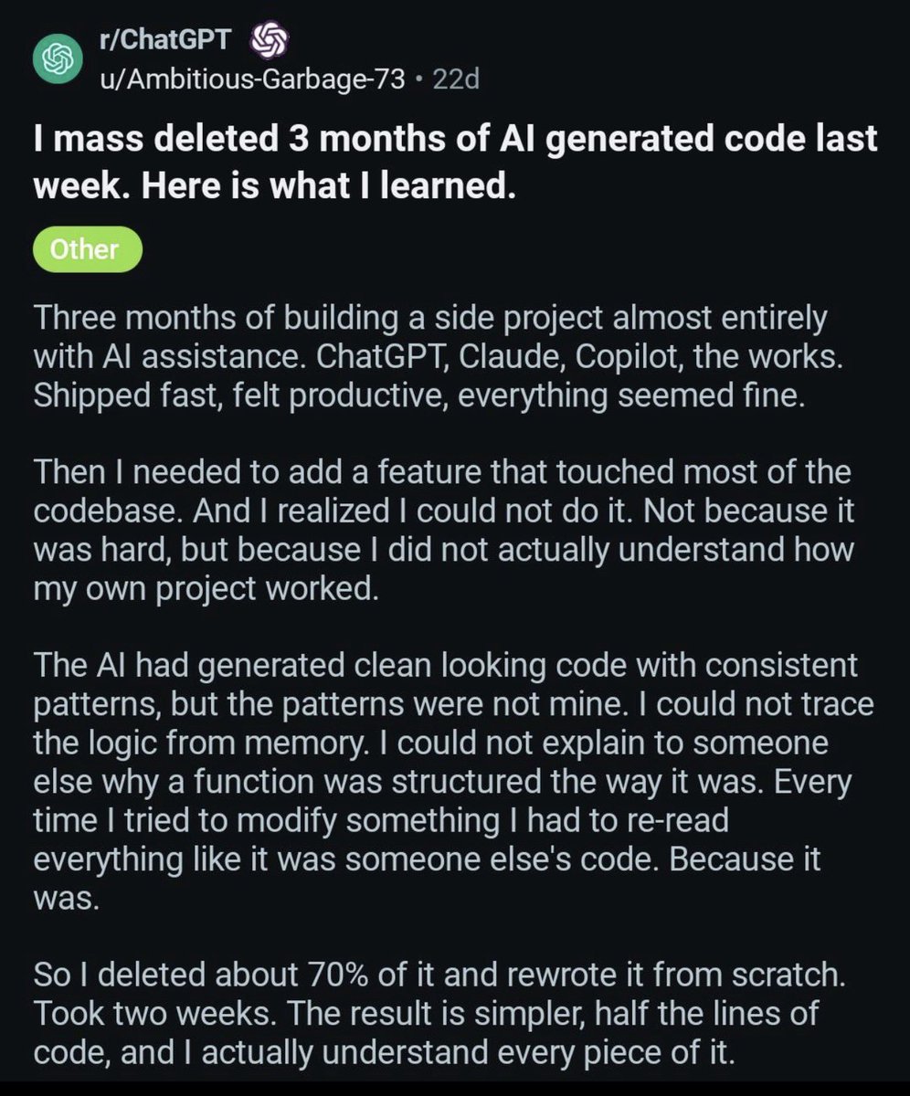 Screenshot of a Reddit post describing three months of AI-generated code being mostly deleted because the author could not understand or safely modify the resulting codebase
