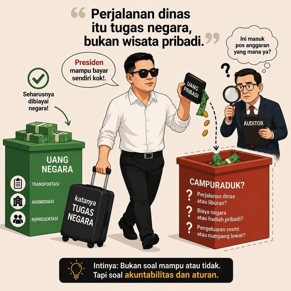 ipnkst's tweet photo. Seskab mengatakan kelebihan biaya perjalanan dinas luar negeri presiden dibayar dengan uang pribadi. 

Tapi menurut pakar ekonomi justru perjalanan dinas itu memang seharusnya dibiayai negara, bukan kantong pribadi pejabat.

Masalahnya bukan soal mampu atau tidak mampu bayar sendiri. Masalahnya adalah akuntabilitas.

Kalau uang pribadi dan uang negara mulai dicampur-campur, nanti auditor bisa bingung:
"Ini perjalanan dinas atau liburan?" 
"Ini biaya negara atau hadiah pribadi?" 😅

Dalam tata kelola pemerintahan yang baik, batas antara urusan pribadi dan urusan negara harus jelas.

Karena yang terlihat hemat di depan kamera, belum tentu yang paling rapi di depan auditor. 😅