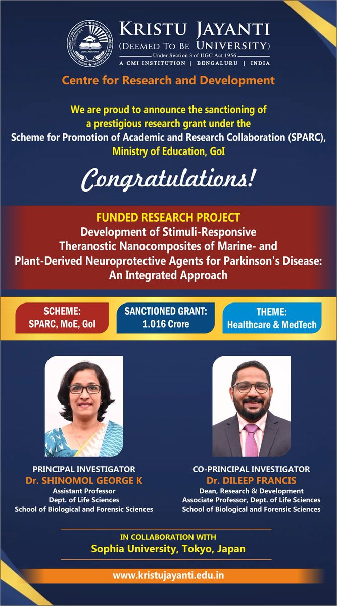 dilipfrans's tweet photo. 🎉Kristu Jayanti (Deemed to be University), Bengaluru has been awarded a ₹1.016 Crore research grant under the SPARC scheme, MoE, GoI! 🇮🇳
The project will be carried out in collaboration with Sophia University, Tokyo, Japan 🇯🇵🔬
#SPARC #ResearchGrant #KristuJayantiUniversity https://t.co/uqF8nR4UnV