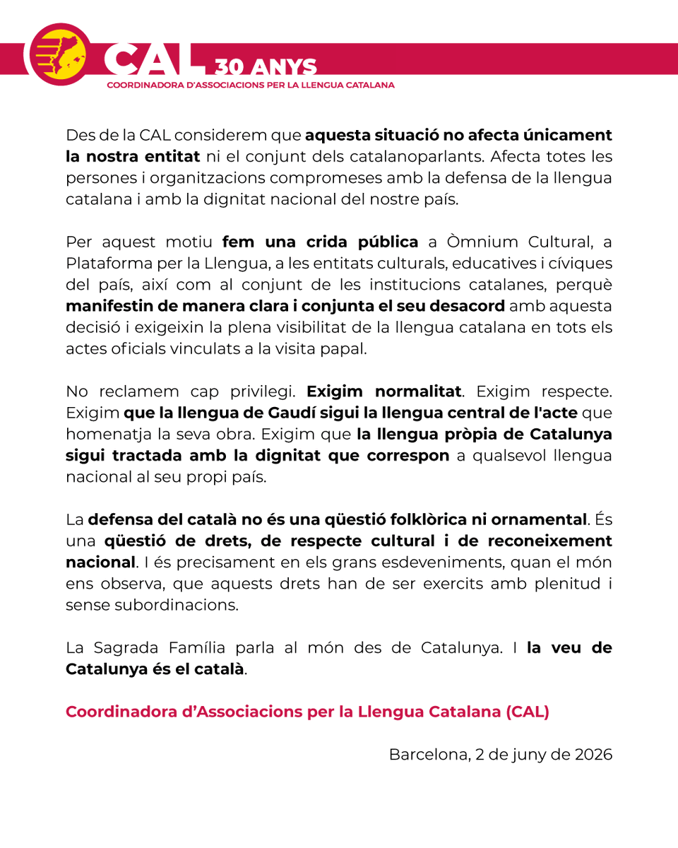 CAL_cat's tweet photo. 🔉 Comunicat CAL: La llengua de Gaudí no pot ser relegada a la seva pròpia casa

🔹Cap criteri d'universalitat no pot justificar la subordinació de la llengua pròpia del país 👇 https://t.co/3YWzEoHKPC