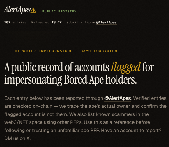 apewhale's tweet photo. Reminder: @AlertApes has now posted over 100 alerts.

One thing that's become increasingly concerning: many of these accounts have a surprising number of mutuals.

Take a minute to review your follows. Not every familiar face (or Ape) is who they claim to be.

Stay vigilant. Stay safe.