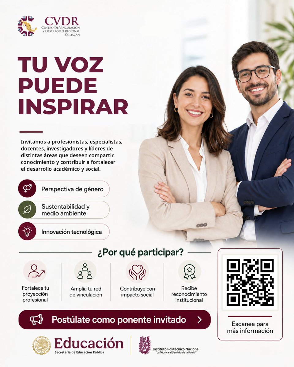 IPNCuliacan's tweet photo. En el @IPNCuliacan del @IPN_MX, buscamos profesionales con vocación, experiencia y compromiso social para que quieran compartir sus ideas en temas clave para nuestra sociedad:

💜 Perspectiva de género
🌱 Sustentabilidad y medio ambiente
💡 Innovación tecnológica

#IPN #Culiacan https://t.co/xx2tbuxVFc