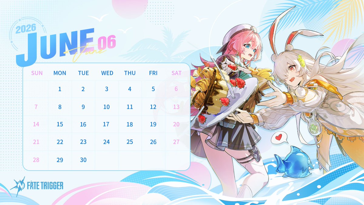 FateTrigger_ID's tweet photo. Kalender Juni 🗓️

Bulan baru berarti suasana musim panas yang segar! 🌴🐚 
Juni tiba dengan hembusan angin laut yang sejuk dan minuman manis serta berkilau khas awal musim panas. 🌊🍓✨
Ayo nikmati sinar matahari! 😎🩵

#FateTrigger #June #Calendar https://t.co/kI91awq5y1