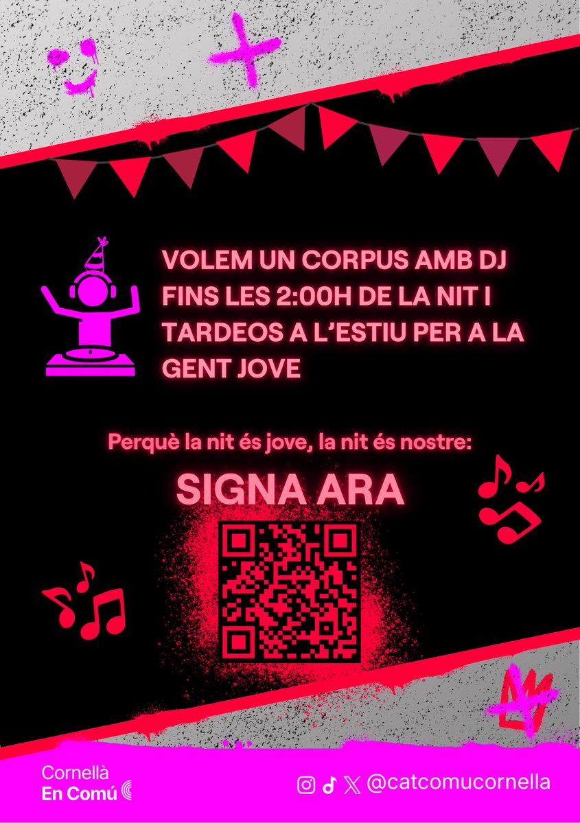 CatComuCornella's tweet photo. ‼️Demanem el teu suport ✍️ signant aquesta petició perquè:

1️⃣Al Corpus hi hagi un DJ fins a més 2:00h de la matinada per ballar i passar-ho molt bé

2️⃣ S’organitzin tardeos durant l’estiu per a la gent jove

🔗‼️Signa ja i ajudan’s a arribar a més gent: https://t.co/sKXFQma1Oa https://t.co/0ZR1Lj6VKu