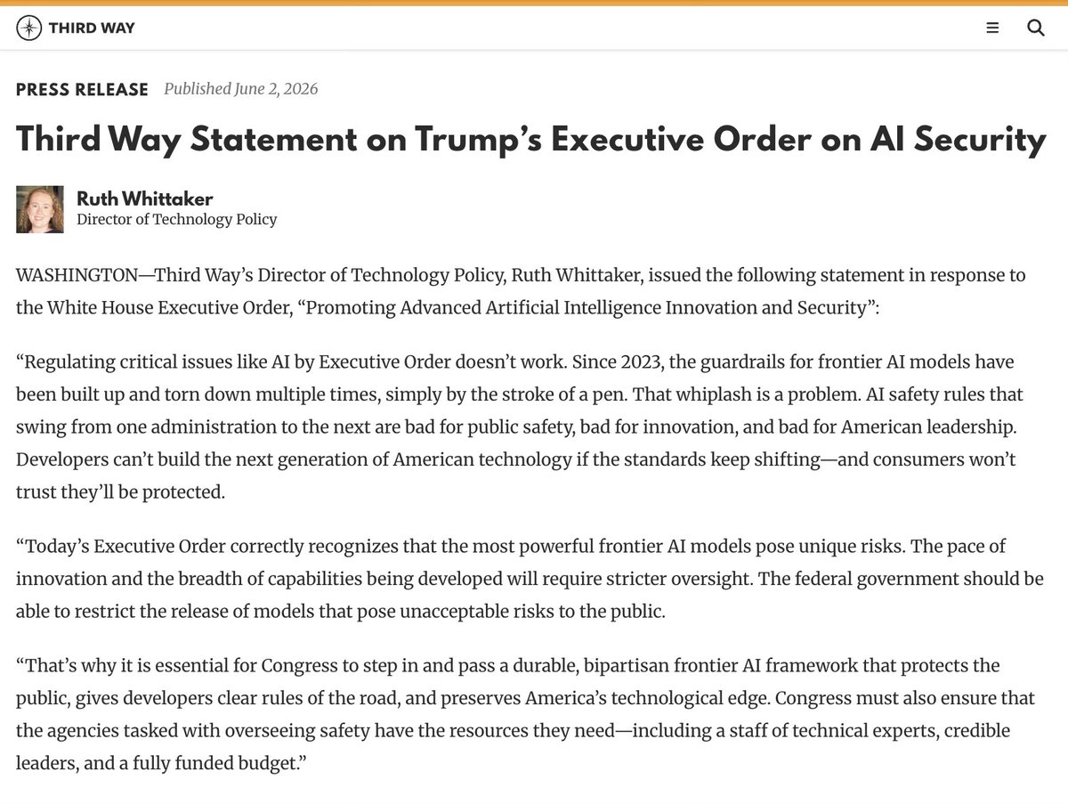 ThirdWayTweet's tweet photo. Third Way released the following statement on Trump's Executive Order on AI Security: https://t.co/fsnBuwwNYG https://t.co/EsbUoit6M9
