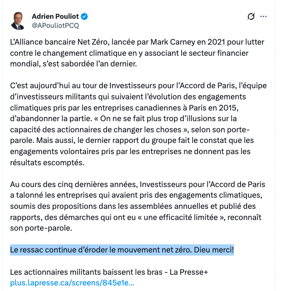 AShields_Devoir's tweet photo. «Le ressac continue d’éroder le mouvement net zéro. Dieu merci!»
-En rappel: La crise climatique nous coûtera «des dizaines de milliards de dollars». https://t.co/FbvT1PRHqe
-En rappel: La crise risque de rendre le monde «méconnaissable»: https://t.co/XgjUNI6Mn8 https://t.co/LjiNtq7P4V
