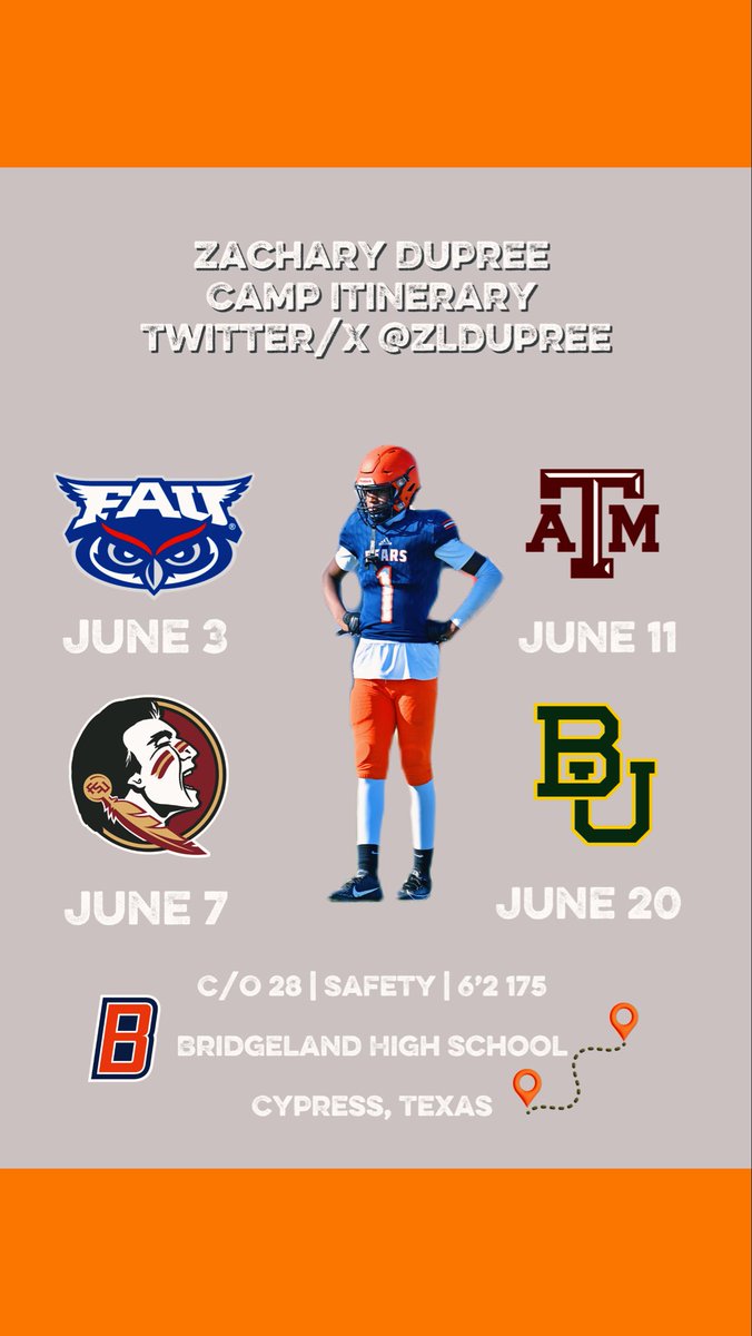 ZLDupree's tweet photo. Can’t wait to come out and compete this summer 🏈 #camping2026 @Coach2Bless @evancooper2 @coreyfuller4 @FSUCoachTW @FAUFootball @BUFootball @FSUFootball @AggieFootball @CoachKlanderman @coachhemp @CoachModkins @CoachIsh @CoachBGA @coachyoyo_ @TaylorBrownFAU https://t.co/IItdBTb3NE