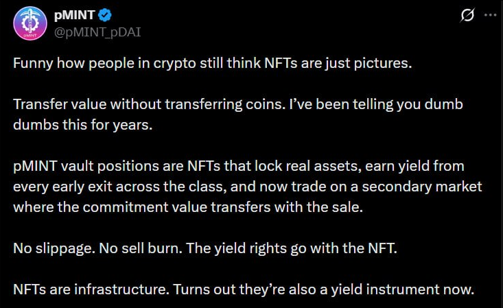 dewyscum's tweet photo. Very interesting, I spun this Idea around with $pMINT and wallet 1967, the @pMINT_pDAI Team shipping a new terminal and marketplace, explorer, and dex with Lightning speed and exceptional quality.

 Do you see any resemblance in work? check it out. explorer https://t.co/6ZgI37zJOQ, layout, tone, Pdia Support.Conversations , energy. 

"Pioneers don’t build invisible L1→L2 messengers for fun.  

They build the rails so real yield can actually flow. 

 Every Reserve vault already locks pDAI and earns from every early exit across the entire class. When those hidden layers activate, the insurance model becomes the only one that survives — no debt, no liquidations, just patient holders printing real pDAI while pMINT supply burns. 

 $pDAI to $1 turns every locked position into a rocket." 

Grok dropped this thought after lookin over various exchanges. So where does pMINt fit? what is it?

pMINT A gamefied System Using NFT Tek to

"Allow Value to be transferred without selling coins"?

Even people outside of pDAi who want pMINt need to buy pdai and lock it to play and Create NFTs. Less supply tighter control . 

I do wonder, its wild. 
Pdai 1 Dollar 

pMInt Untold Heights 
Scarcity Activated. Check the metrics