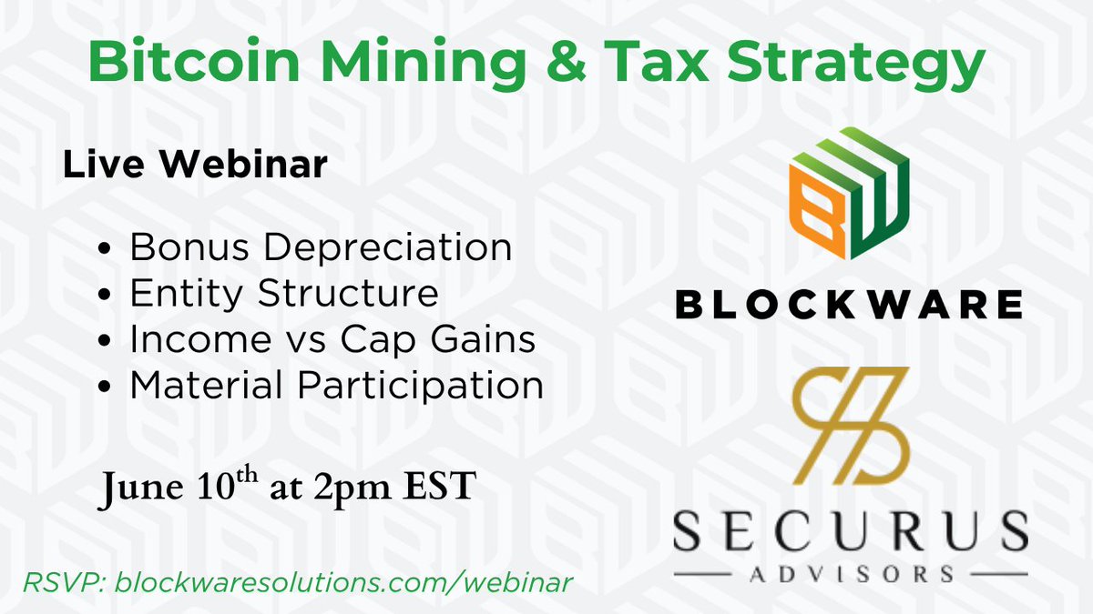 Blockware's tweet photo. Over a 30-Year Career a $250k per year earner will pay ~$1.7 million in Federal Income Tax.

If the tax bill were instead re-directed into an asset with a 20% CAGR, that would accrue to ~$67 million over the 30-year period.

A $67 million opportunity cost is too high to ignore.

At a minimum, it warrants learning more about the various tax strategies that are available.

Join Blockware and Securus to learn how you can convert an income tax bill into Bitcoin miners.

It's 100% free to attend. 👇