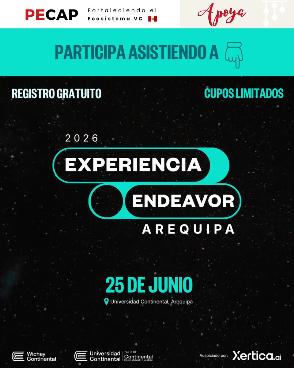 PECAP_'s tweet photo. 🎟️¿Te imaginas vivir toda la Peru Tech Week en Lima?
Asiste a la Experiencia Endeavor Arequipa y participa por un pasaje Arequipa–Lima para ser parte de la semana más importante de innovación y emprendimiento del país.🚀
📅25 de junio
🎟️Registro gratuito: https://t.co/LHQ6aHgKXr https://t.co/d42PtxXFVD