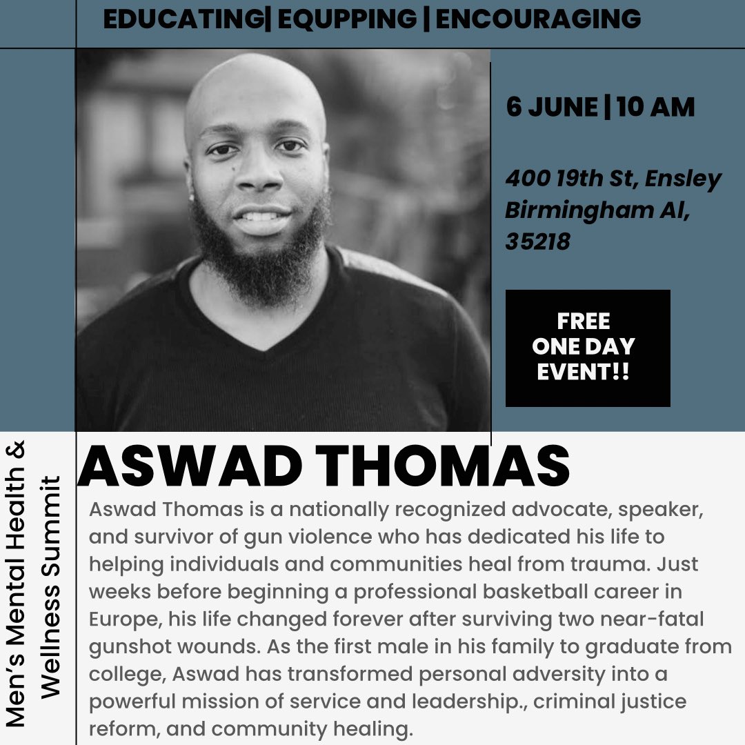 Tmanproject's tweet photo. The countdown is ON for the Men’s Mental Health &amp; Wellness Summit. We are honored to welcome our distinguished panelist, Aswad Thomas (@AswadThomas).
A nationally recognized advocate and trauma survivor, he is bringing a powerful message of resilience. 👇 https://t.co/UduEJesrRL