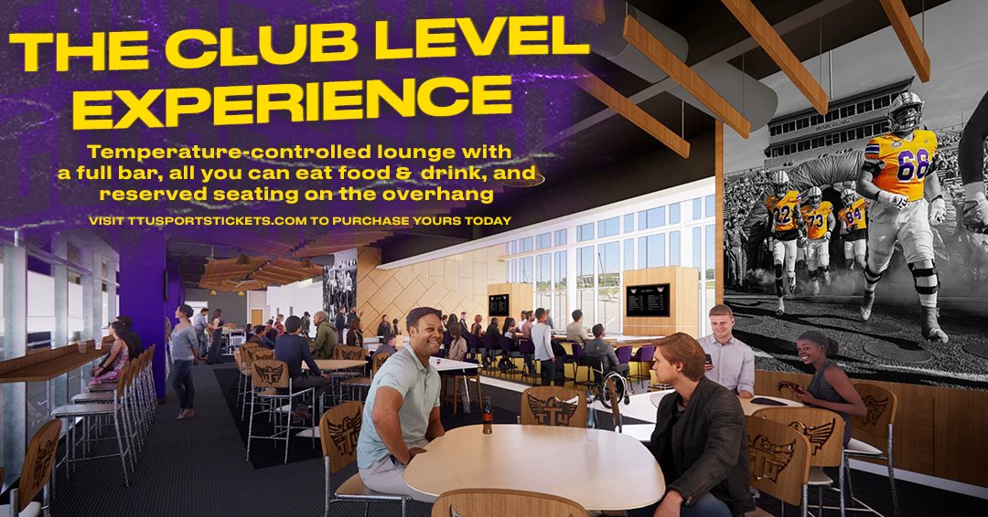 TTUGoldenEagles's tweet photo. 𝐆𝐄𝐓 𝐈𝐍 𝐎𝐍 𝐓𝐇𝐄 𝐂𝐋𝐔𝐁 𝐋𝐄𝐕𝐄𝐋

Don’t miss out on Club Level seats with a temperature-controlled Club Lounge with a full bar, all you can eat food &amp; drink, and reserved seats outside on the overhang. 

Visit: https://t.co/xmBbsBlMan 

#WingsUp https://t.co/l6pZItm6og