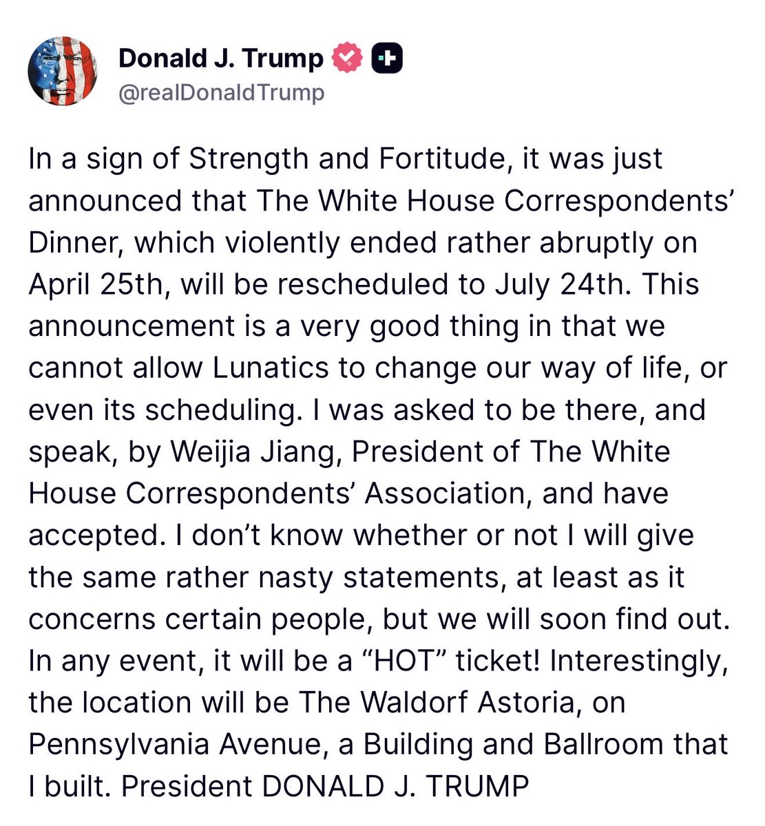 MAGAVoice's tweet photo. BREAKING: President Trump just announced that he will ATTEND the White House Correspondents Dinner rescheduled for July 24th

PRESIDENT TRUMP IS FEARLESS 🙏 https://t.co/biyWDbanFy