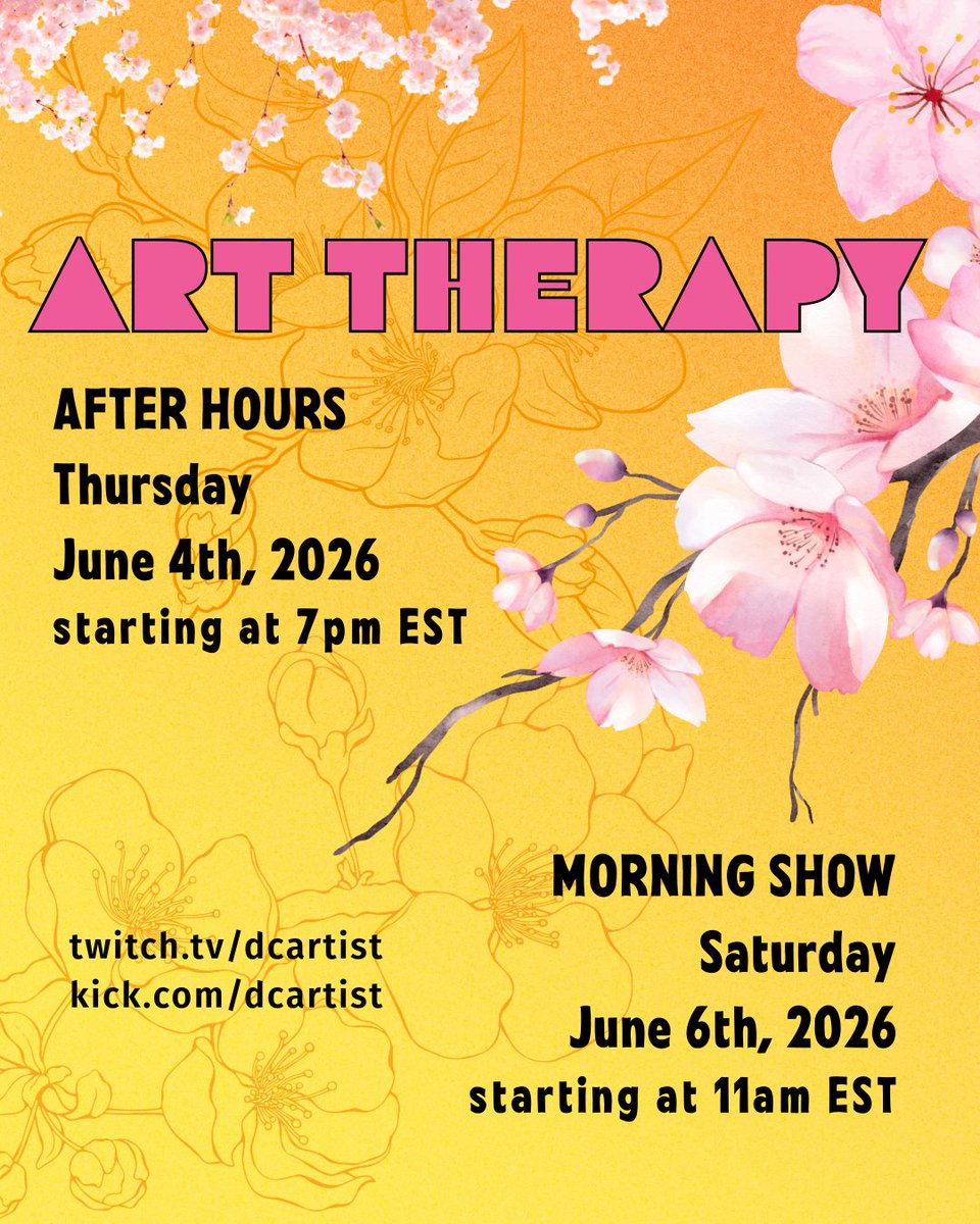 dcartist's tweet photo. 🌟 Sunshine blossoms and more!! Join us for some creative inspiration, doodling, and coffee! ☀️ 🔆  ☕️ Check out Art Therapy on Thursday, June 4th, at 7 PM EST or Saturday, June 6th, at 11 AM. 

📆 https://t.co/Du7BQn5moo

📆https://t.co/eyH2dwF1pj

#streaming #irl #art https://t.co/dpo0D5GAMQ