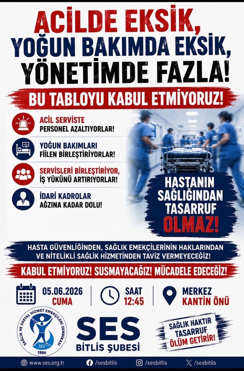 SesBitlis's tweet photo. Hastanemizde acil servislerde personel azaltılmasına, servislerin ve yoğun bakımların birleştirilmesine çalışan personel sayısının azaltılmasına , hasta ve çalışan güvenliğini tehlikeye atan tasarruf politikalarına karşı sessiz kalmıyoruz.

EMEK BİZİM!
SÖZ BİZİM!
HASTANELER BİZİM https://t.co/eyhKBNKUDa