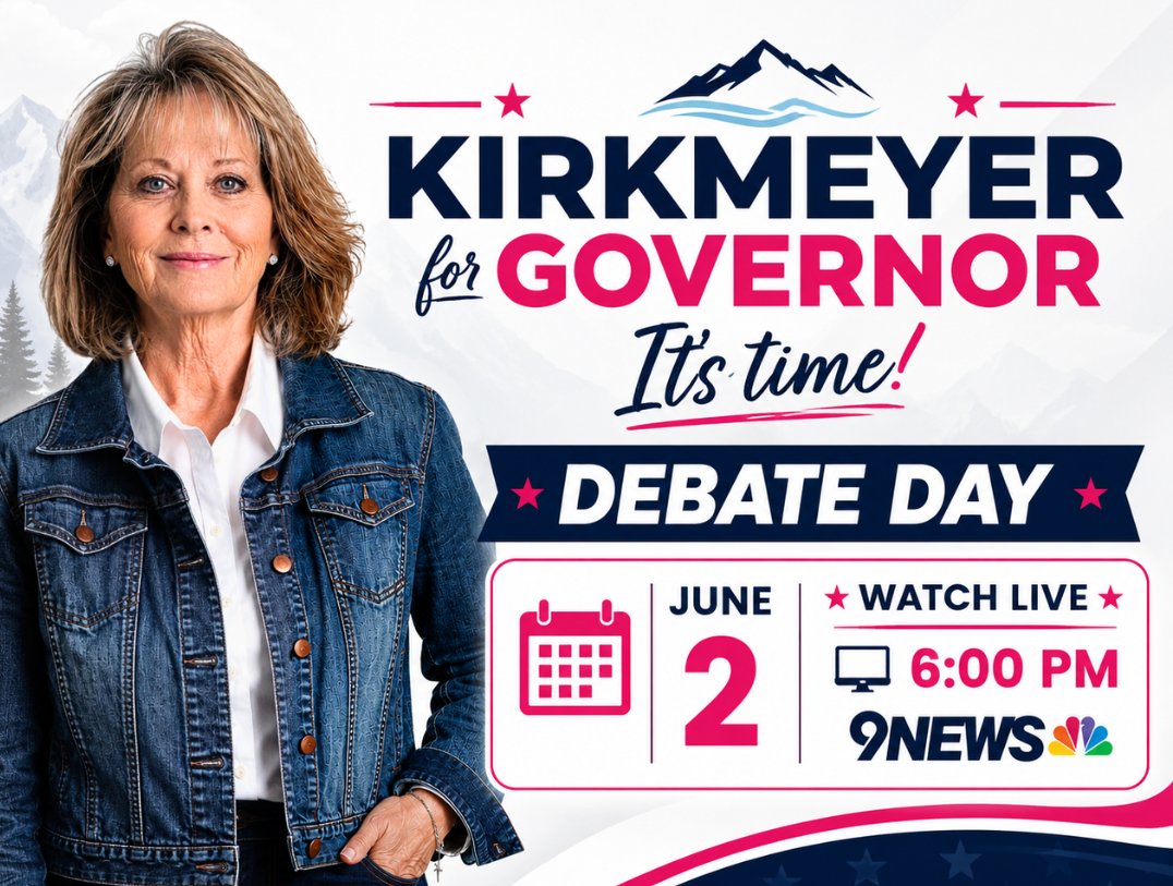 KirkmeyerforGov's tweet photo. Colorado can't afford another gamble.
Tonight, you'll see the difference.

Tune in at 6:00 PM on 9NEWS, 9NEWS+, or the 9NEWS YouTube channel.

Drop your city below and let us know where you're watching from! 👇

#ItsTime https://t.co/OyyzxbfMrr